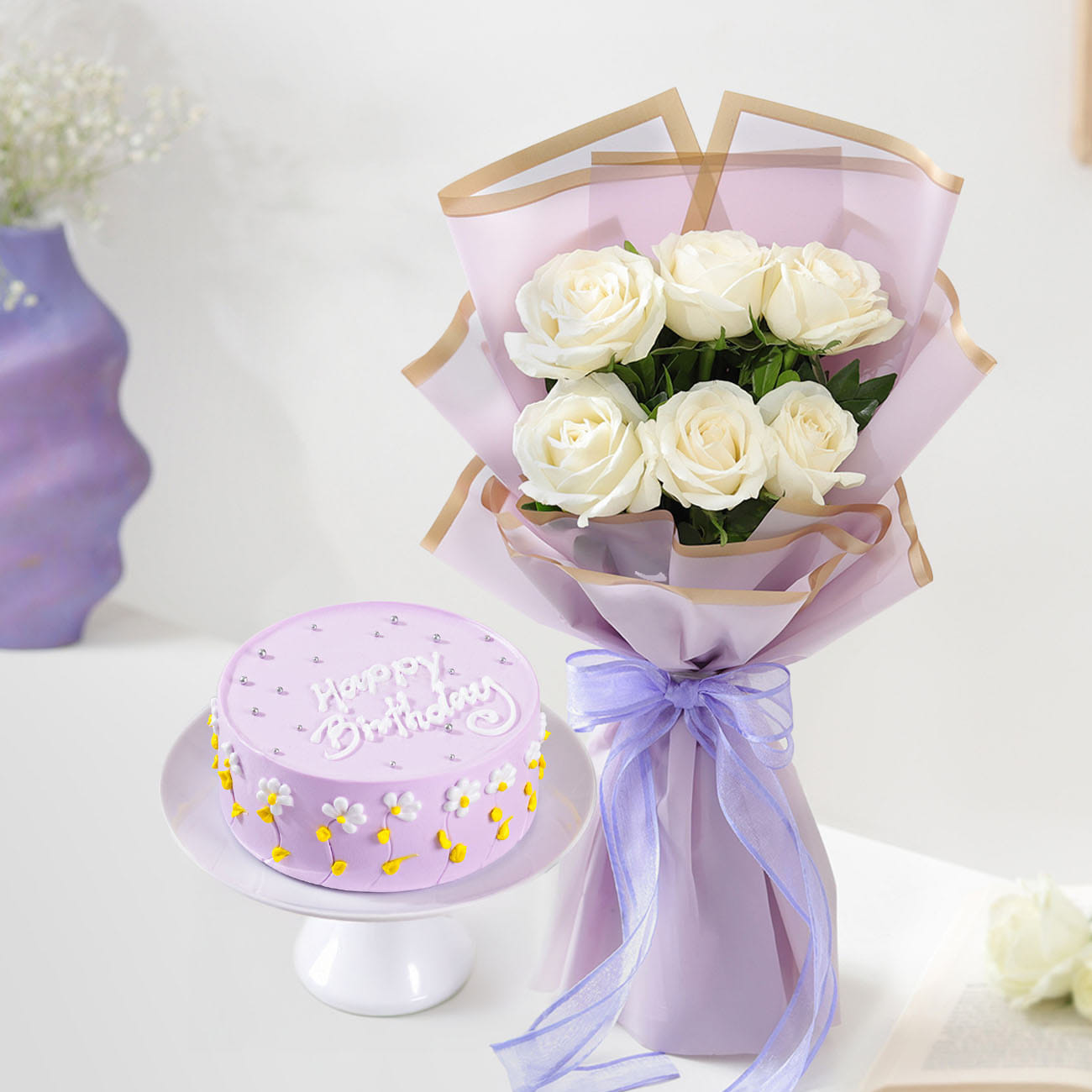 Roses Bouquet And Birthday Cake Gift Combo