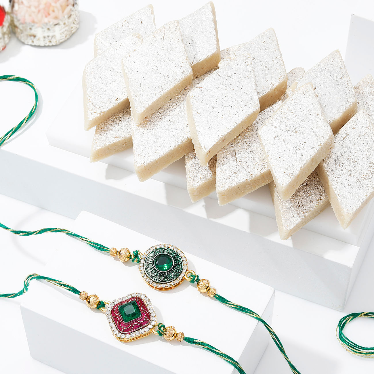 Set of 2 Green Jade & Cz Golden Zari Rakhi with Kaju Katli