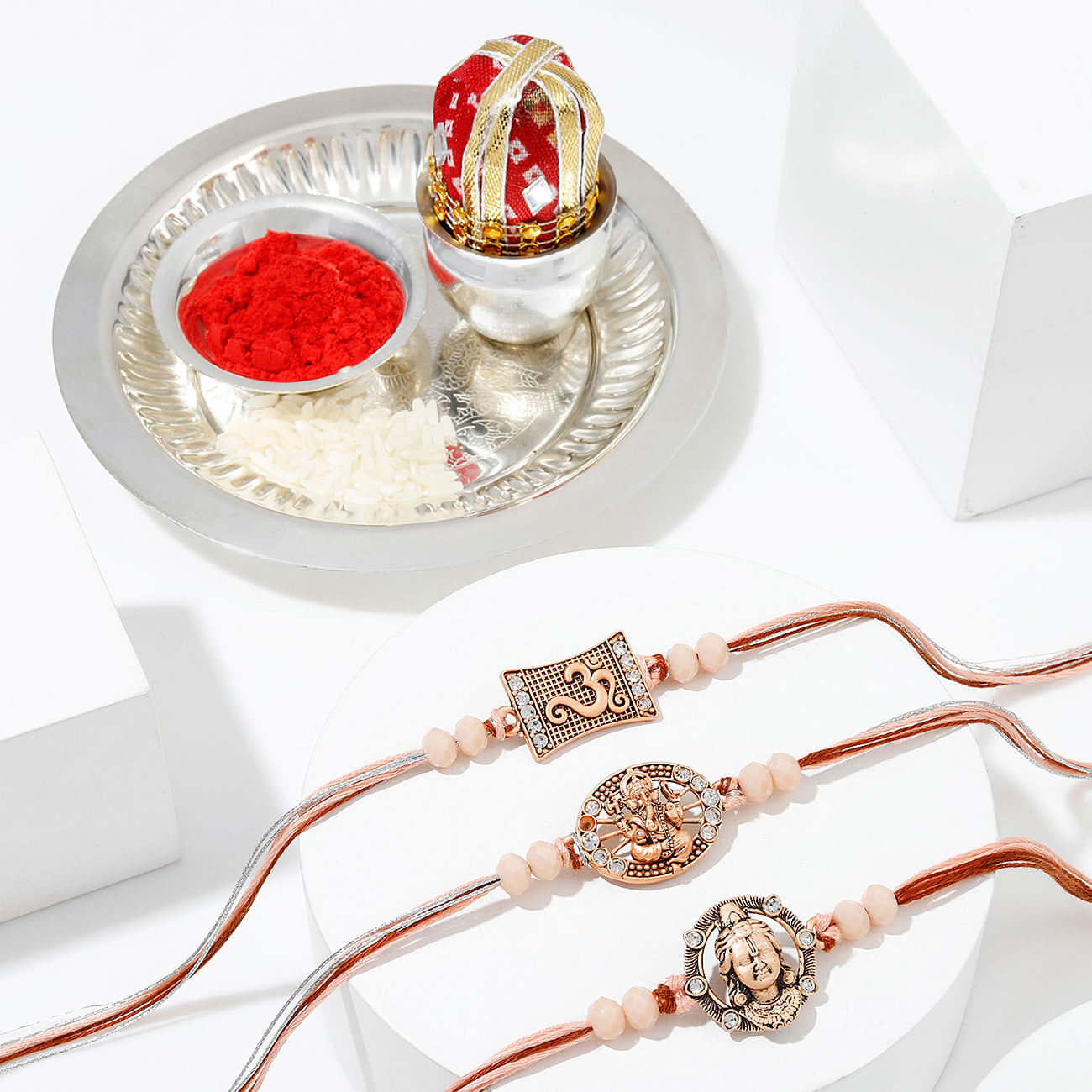 Set Of 3 Antique Metal Rakhi With Pooja Thali