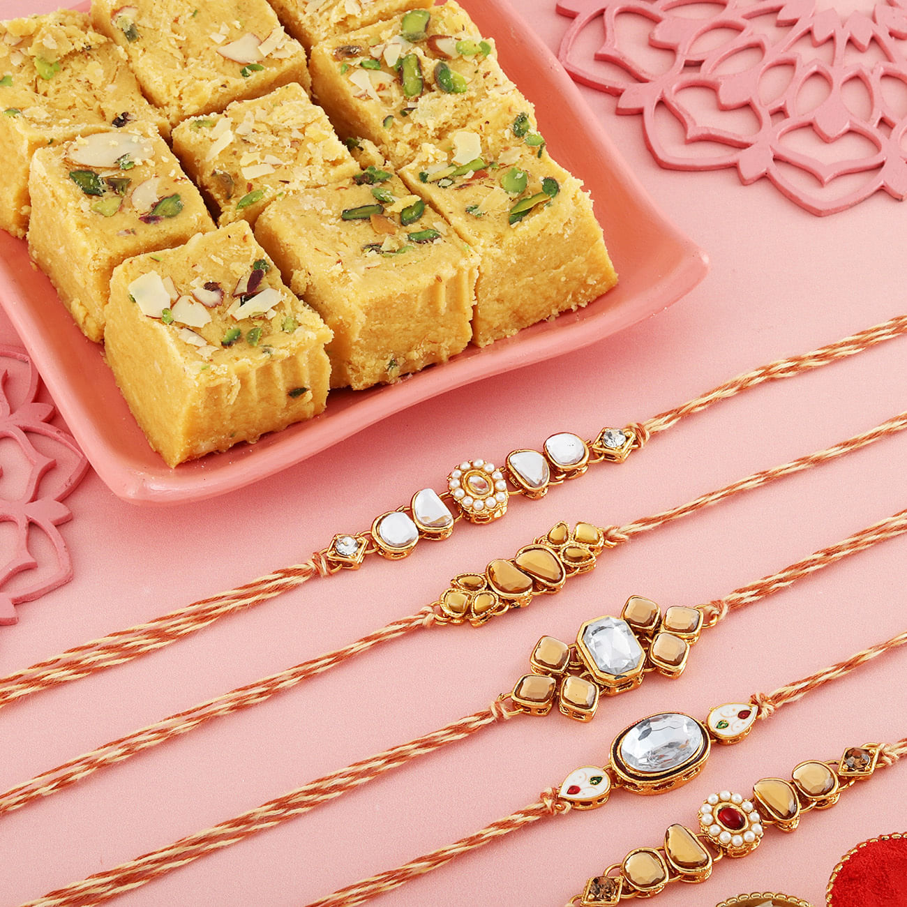 Set of 5 Exquisite Kundan Rakhi Hamper