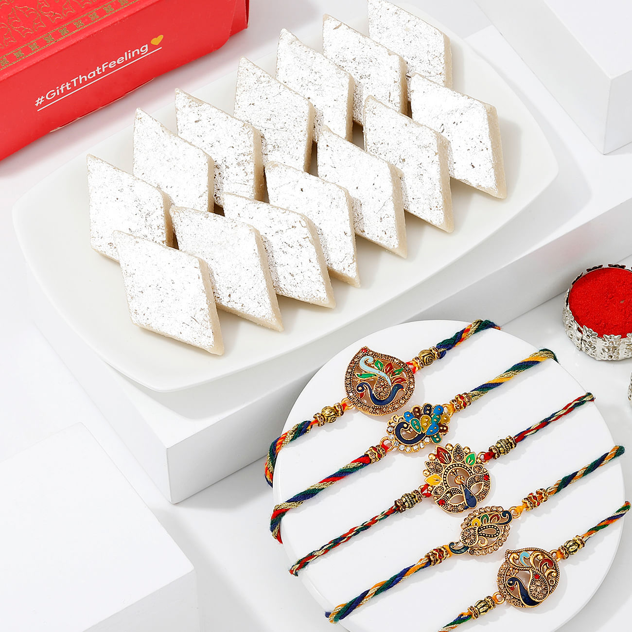 Set Of 5 Peacock Rakhi With Kaju Katli