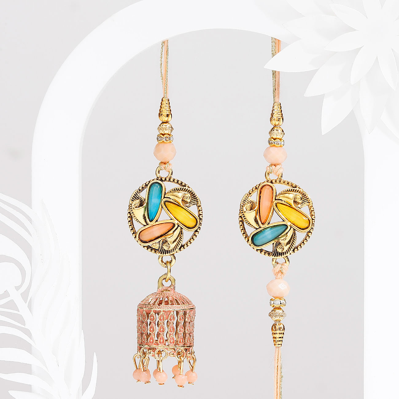 Temple Shaped Bhaiya Bhabhi Rakhi with Beads Work